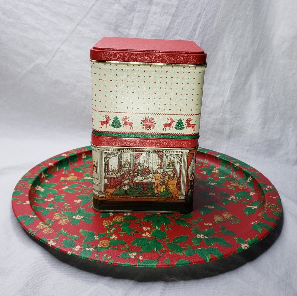 Vintage Christmas Victorian-Themed Lidded Tins Potpourri Press USA & Holly Tray